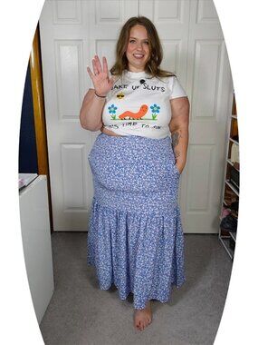 Plus Size XXL Blue Ruffle Hem Skirt With Pockets Elastic Waist New
